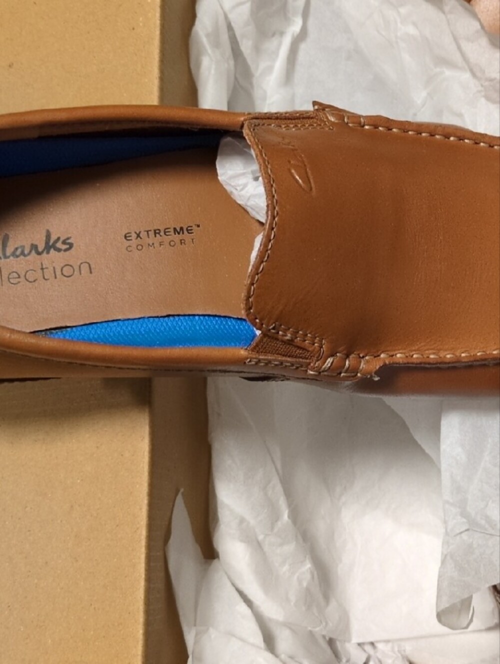 Clarks Tan Slip-On Loafer with Blue Lining
